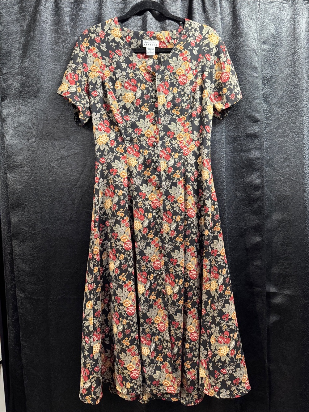 Vintage 90s Express Autumn Floral Button-Front Black Midi Dress
